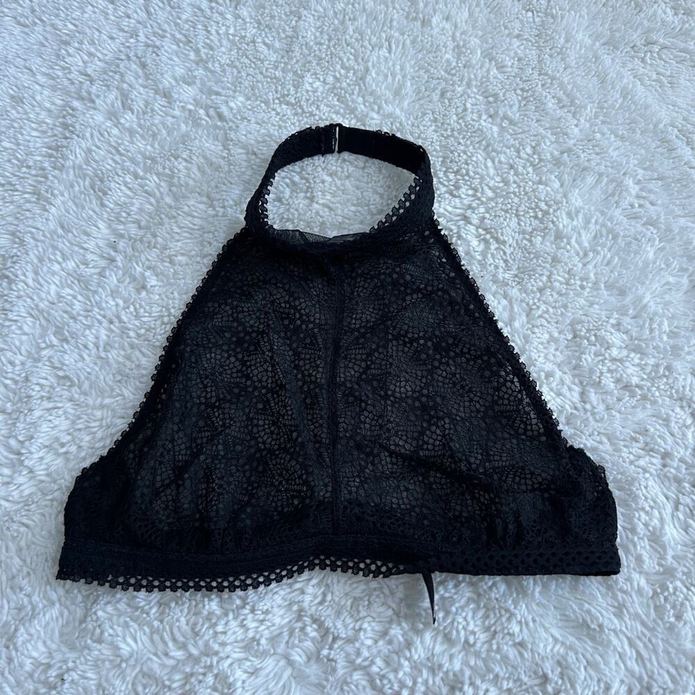Victoria's Secret High Neck Halter Bralette Sz L Black Mesh Lace Emo Grunge Dark
